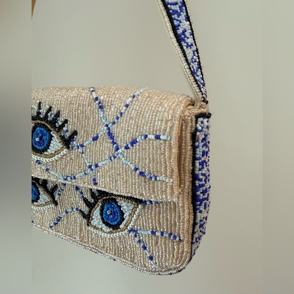 Anthropologie Beige and Blue Embroidered Eye Shoulder Bag - Picture 5 of 6
